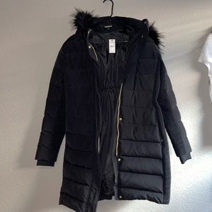 Express New Women’s Black Long Coat Puffer Jacket Removable Fur Hoodie Large